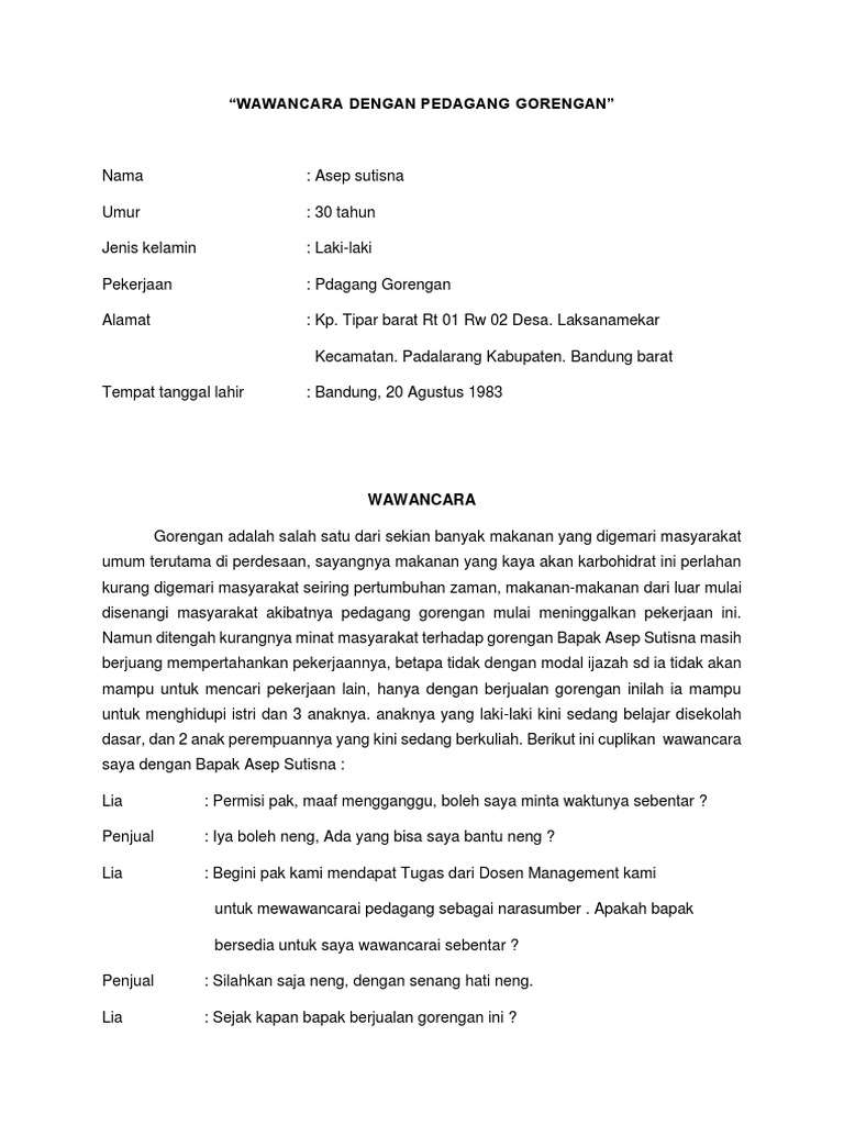 Makalah Wawancara Pedagang Gorengan Contoh Makalah