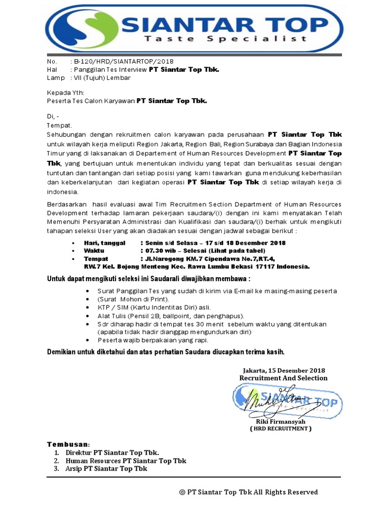Undangan Interview Pt Siantar Top Tbk Jakarta