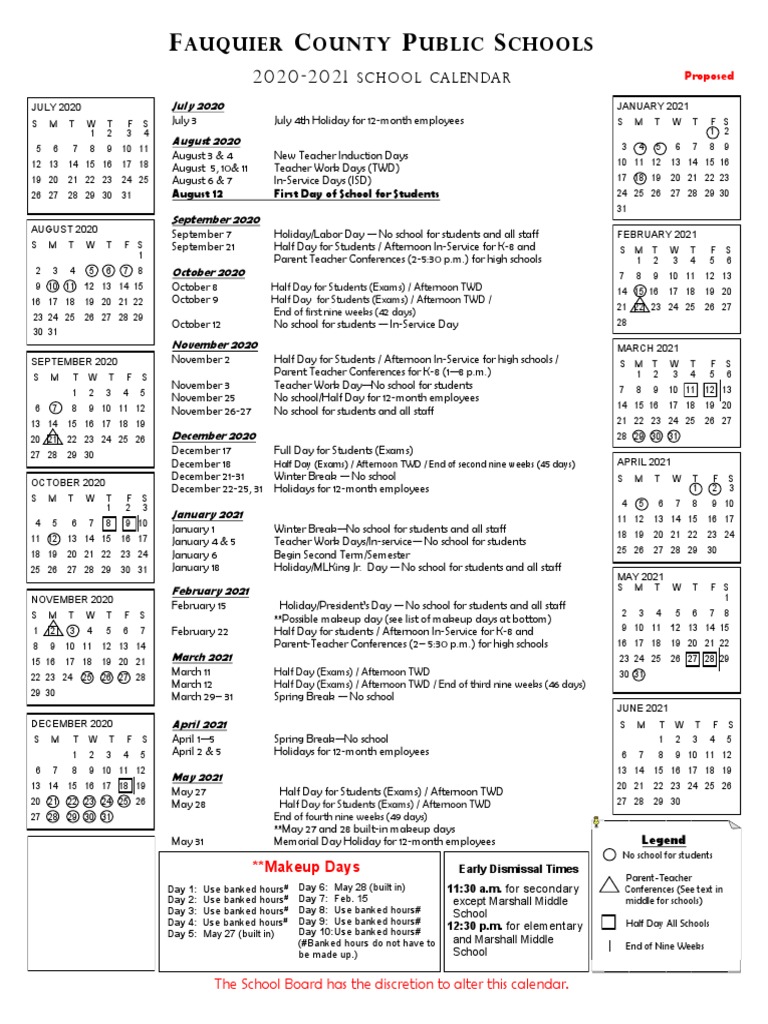 2020 to 2021 Fauquier school calendar | Educational Institutions