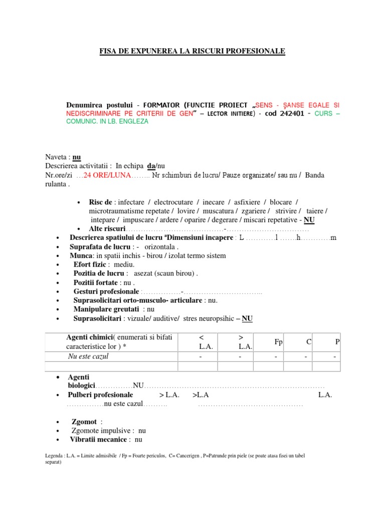 Fisa de Expunerea La Riscuri Profesionale | PDF