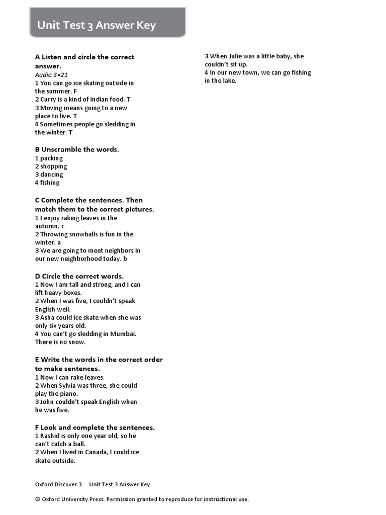 Unit Test 3 Answer Key: Audio 3 - 21 | PDF