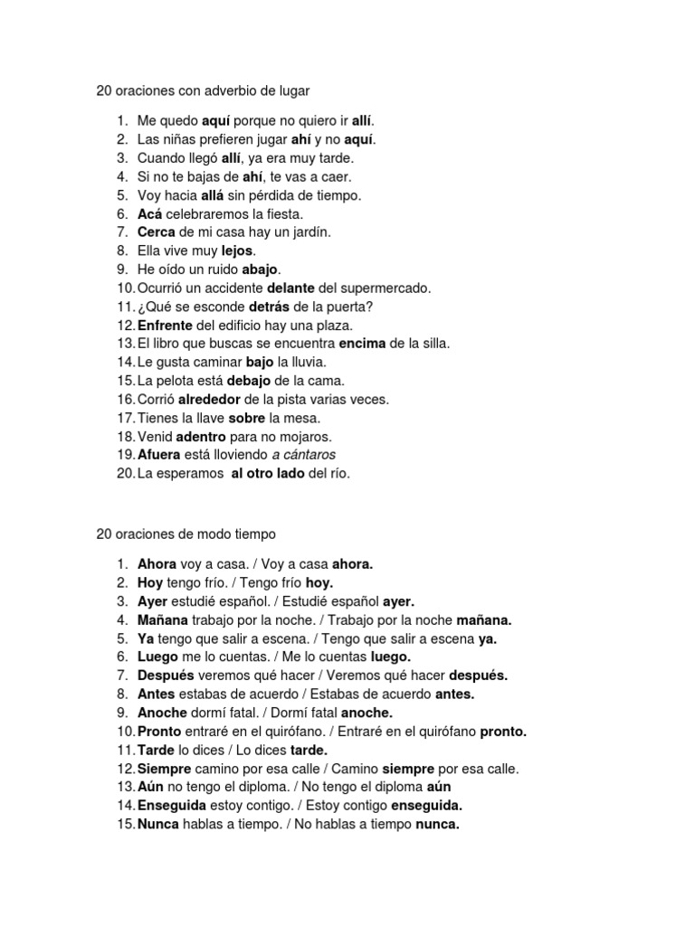 20 Oraciones Con Adverbio de Lugar Ocio