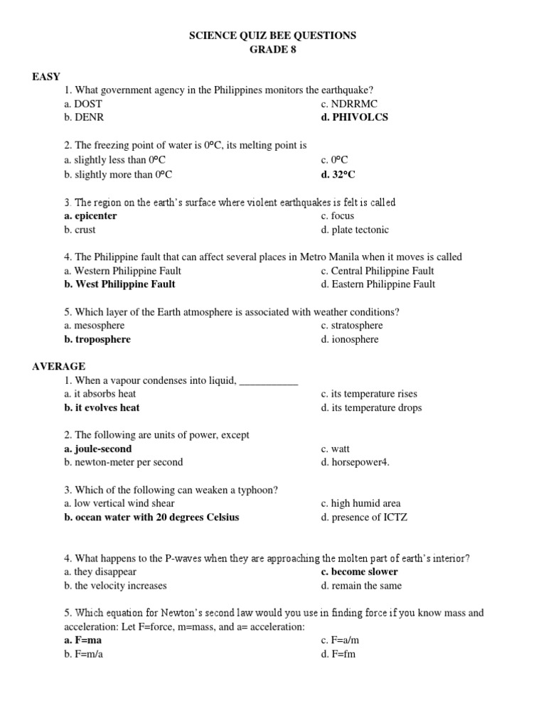 Grade 8 Science Quiz Bee Questions Titles ranging from Easy to