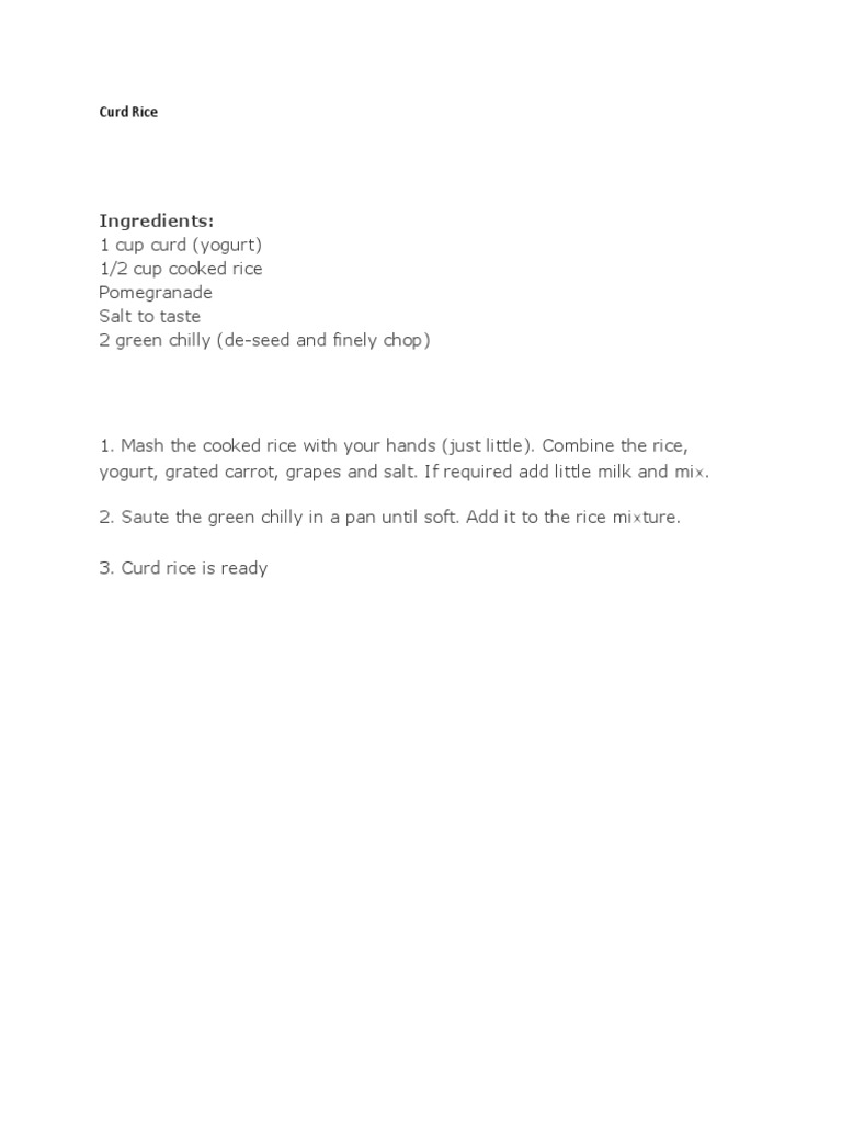 Curd Rice | PDF | Cooking, Food & Wine