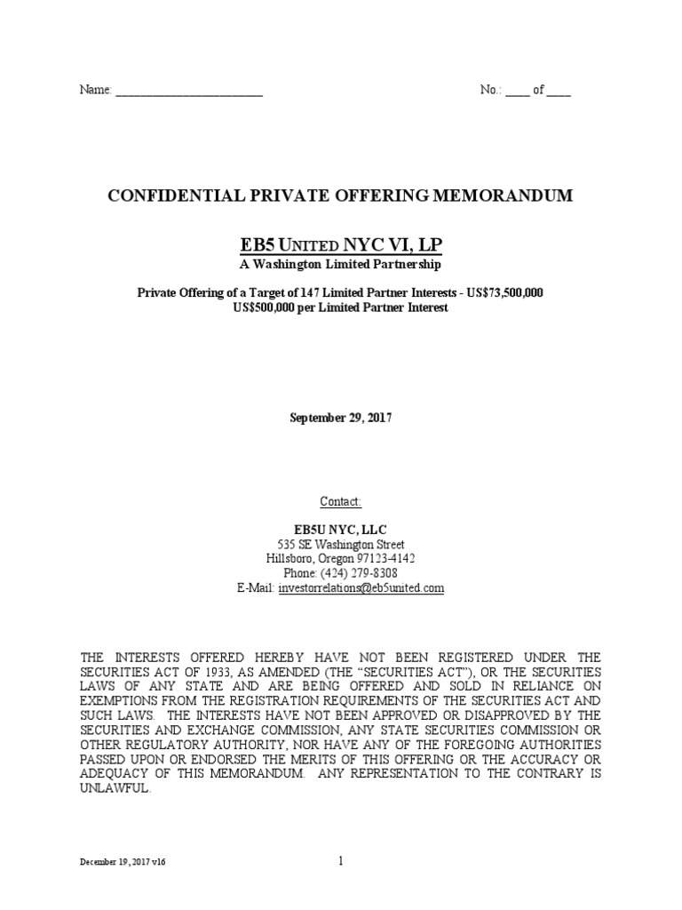 EB5 United NYC VI Private Offering Memo | PDF | Securities Act Of 1933 ...