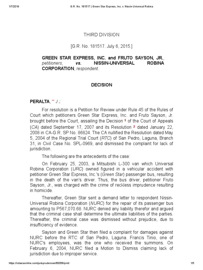 Green Star v. Nissin-Universal Robina Case | PDF | Complaint | Lawsuit