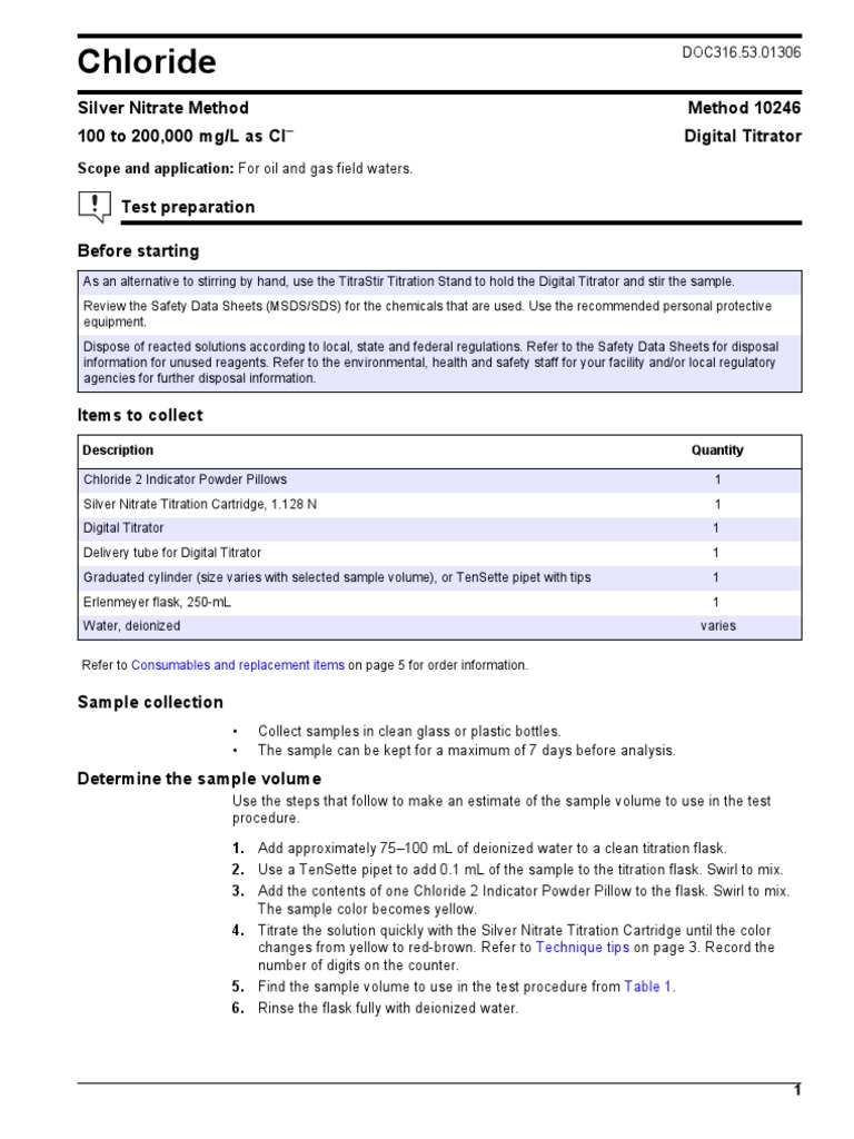 Chloride: Silver Nitrate Method Method 10246 100 To 200,000 MG/L As CL ...