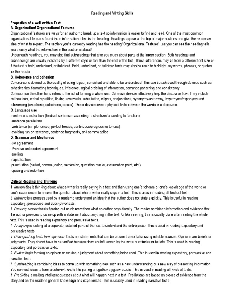 Enhancing Reading and Writing Skills | PDF | Opinion | Comma