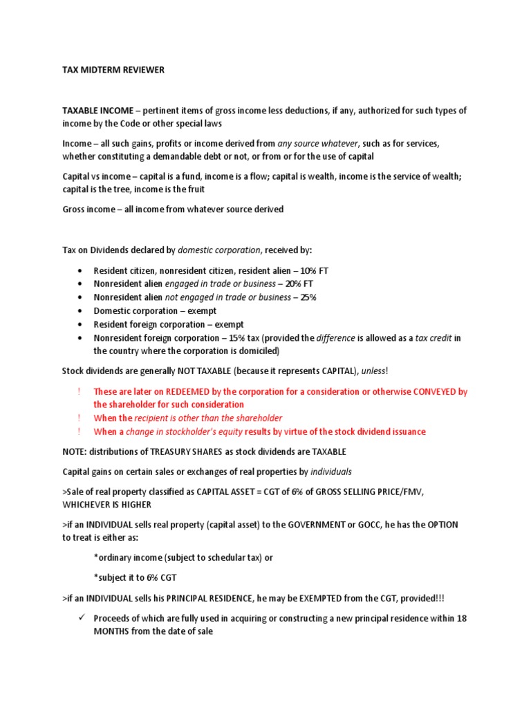 Tax Midterm Reviewer | PDF | Tax Deduction | Capital Gains Tax