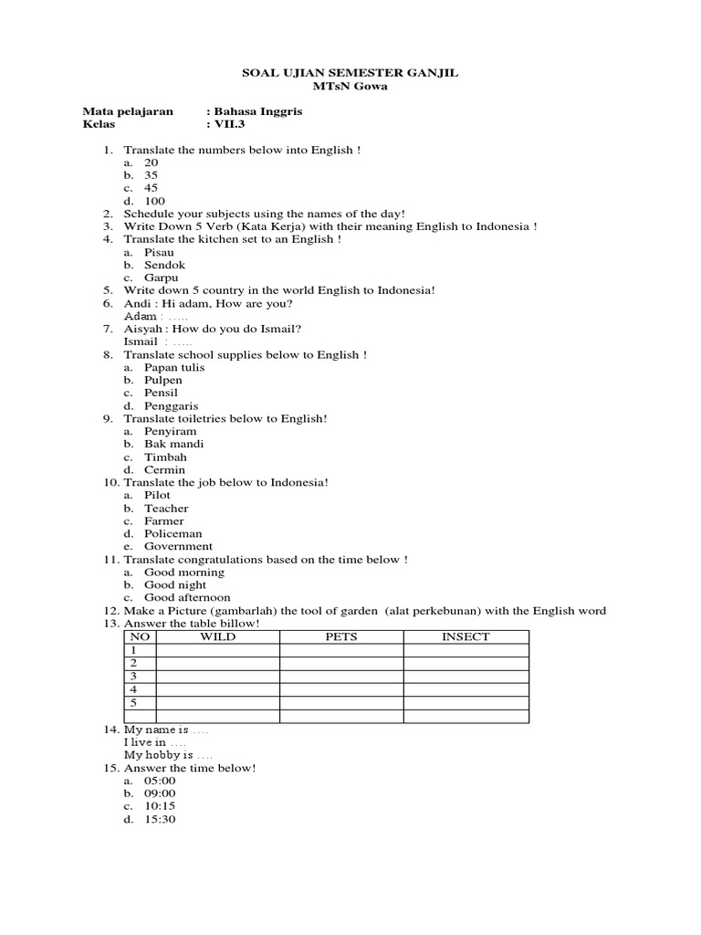 SOAL Bahasa Inggris Kelas VII.3 | PDF | Language Arts & Discipline ...