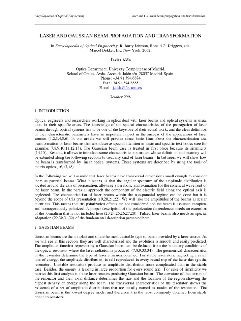 Gaussian Beam Characteristics and Propagation | PDF | Optics | Curvature