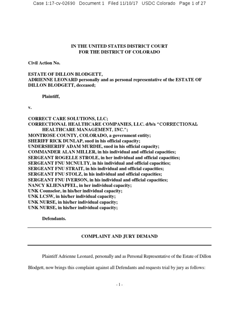 Dillon Blodgett Complaint and Jury Demand | PDF | Solitary Confinement ...