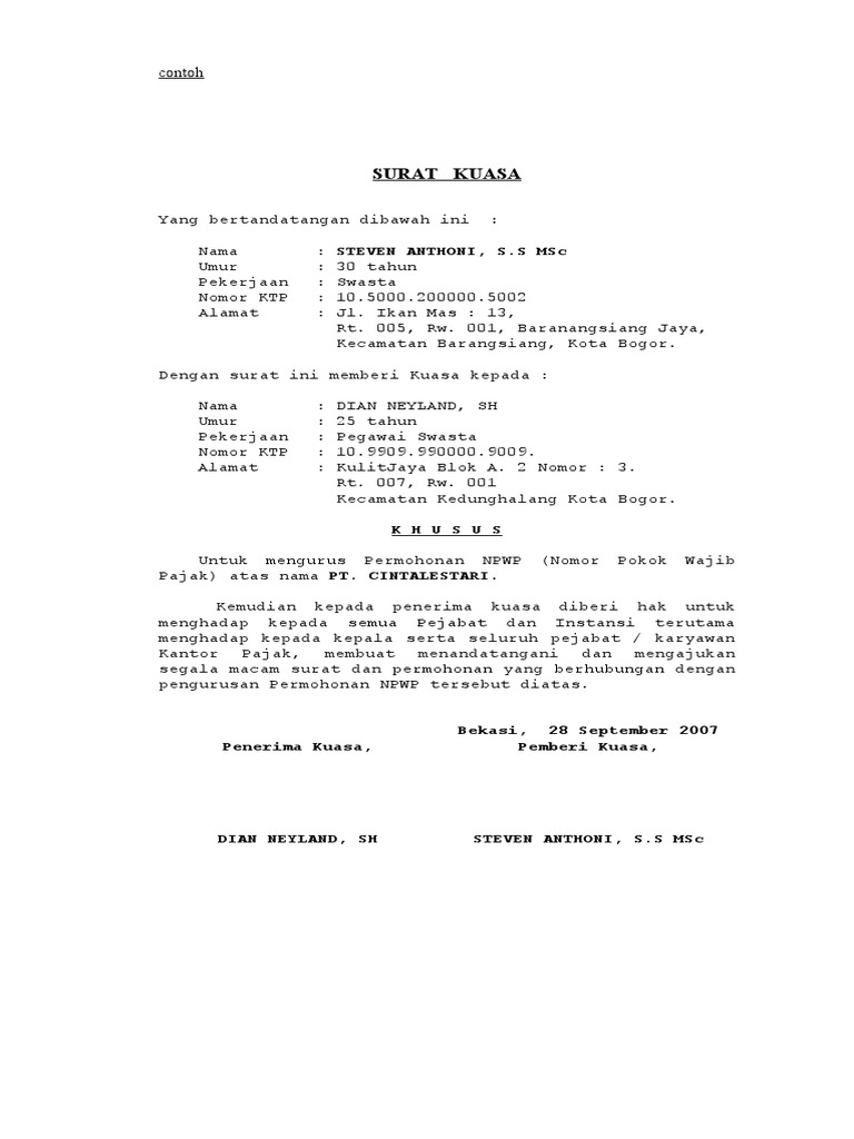 Surat Kuasa Npwp 021 3140321 3101359 Fax021 3141294 Jakarta.