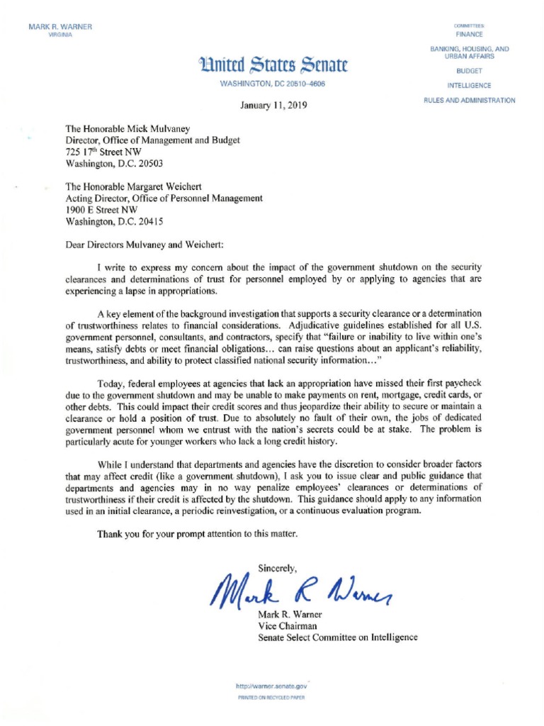 01112019 Security Clearance Letter Presidency Of Donald Trump
