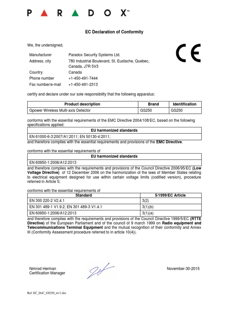 Ec Declaration of Conformity: Ref: Ec - Doc - Gs250 - Rev1 | PDF ...