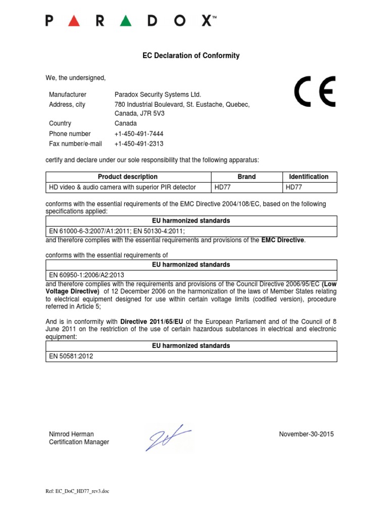 EC Declaration of Conformity Product Description Brand Identification PDF