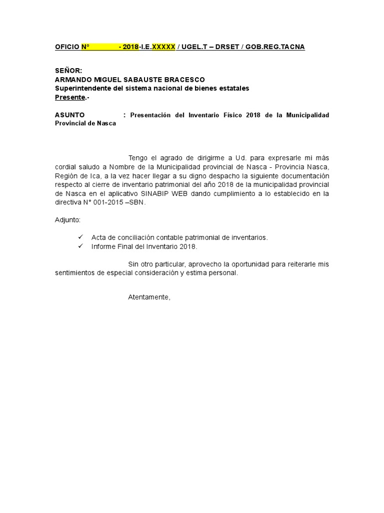 Modelo de Oficio Sobre Inventario de Bienes Muebles para La SBN | PDF