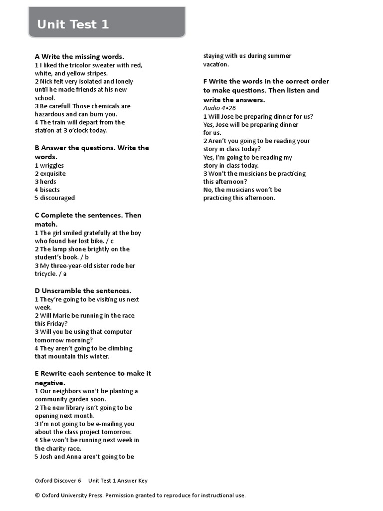 Unit Test 1 Answer Key: Audio 4 - 26 | PDF