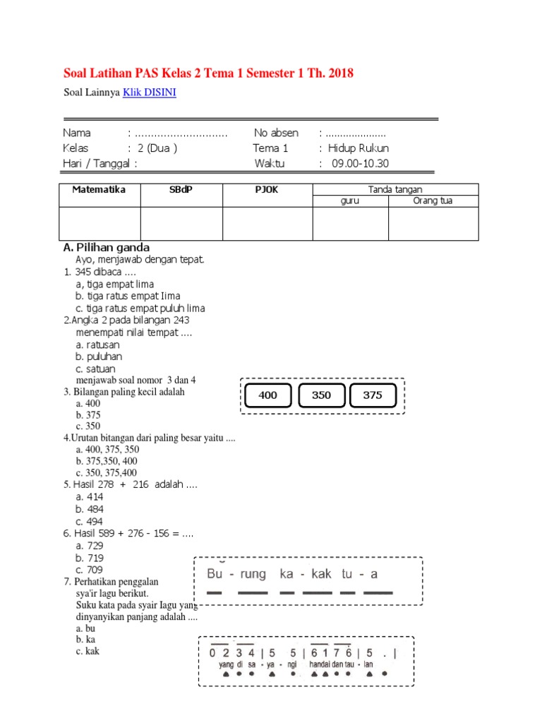 Soal Latihan Pas Kelas 2 Tema 1 Semester 1 Th Pdf