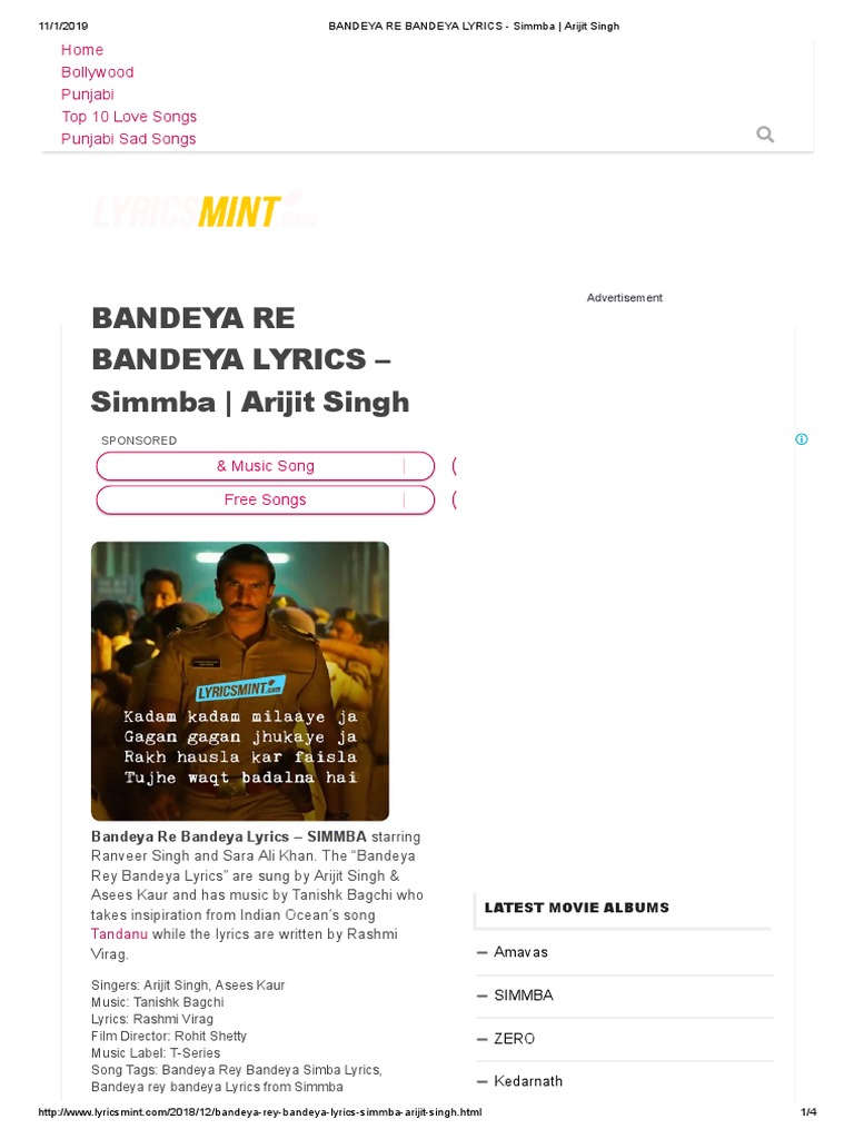 Bandeya Re Bandeya Lyrics - Simmba - Arijit Singh | PDF | Film ...