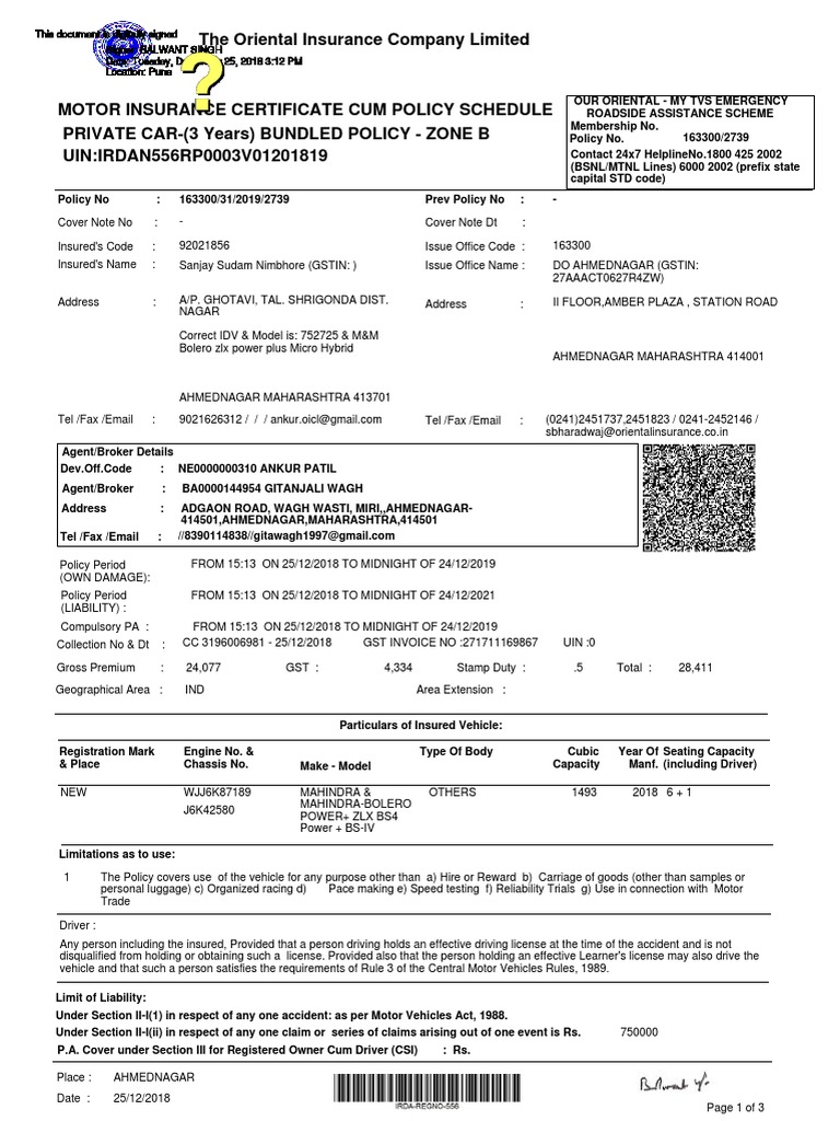Oriental Insurance Motor Policy Done On Portal | PDF | Deductible ...
