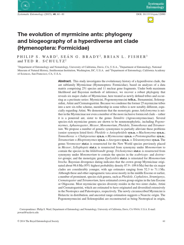 Ward Et Al 2015 Syst Entomol Myrmicine Phylogeny Incl Supp Info | PDF ...