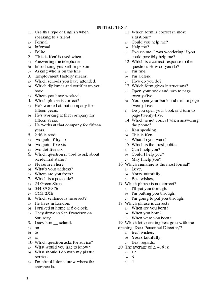 English Communication Skills Test | PDF | Question | Employment