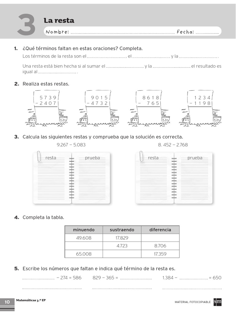 Matematicas Tema 3 La Resta Primaria 3º Primaria SM | PDF | Sustracción ...