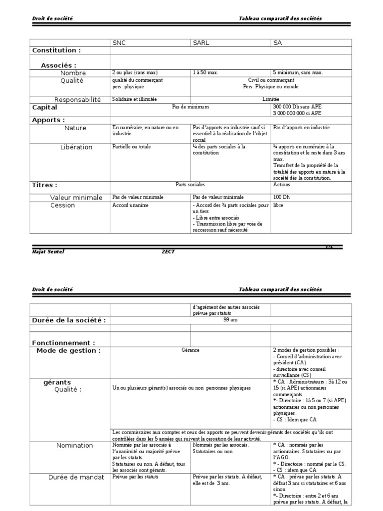 Tableau Comparatif Des Différents Statuts Juridiques 2020 Pdf Tableau Comparatif Des Societe | PDF | Société en nom collectif |  Gouvernement