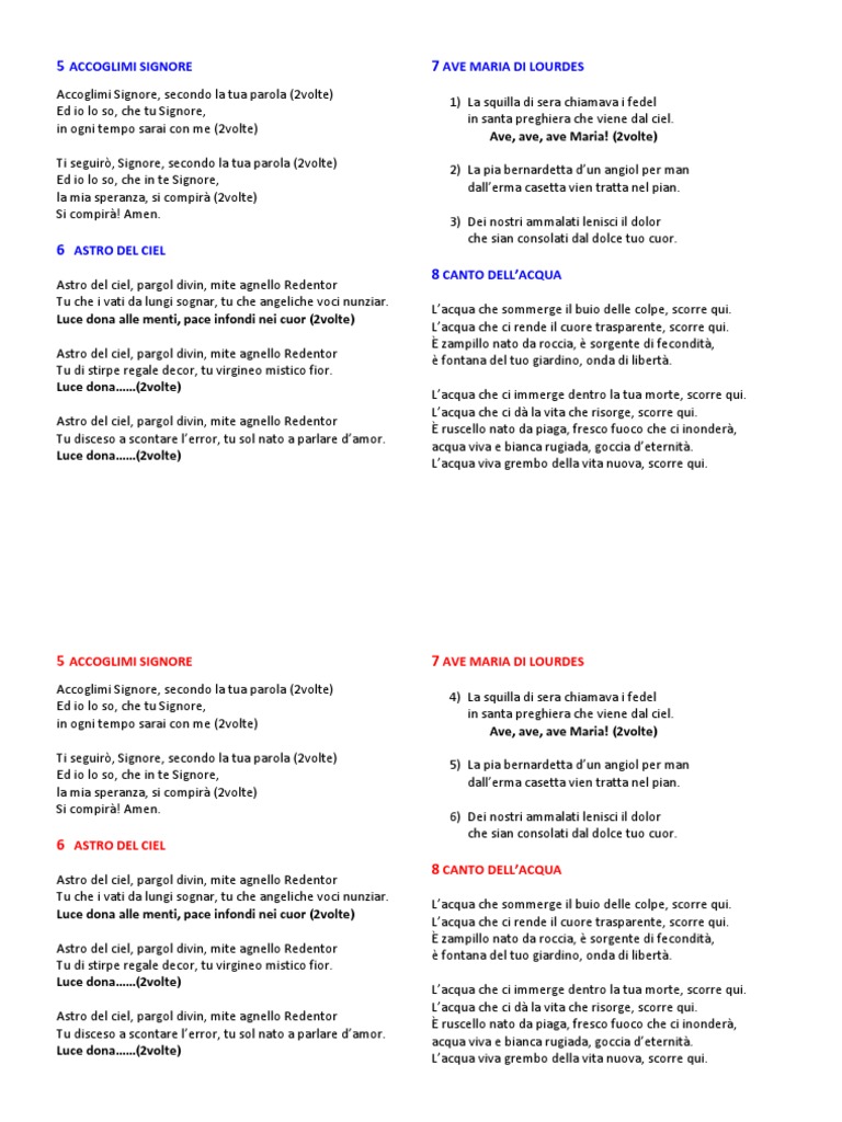 5 6 7 8 Accoglimi Astro Del Ciel Ave Maria Lourdes Canto Dell Acqua