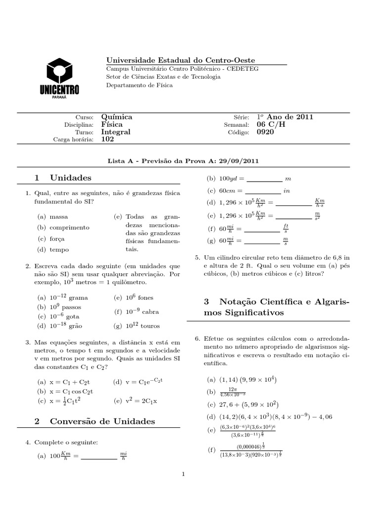 Lista de Exercícios de Física 1º Ano | PDF | Massa | Velocidade