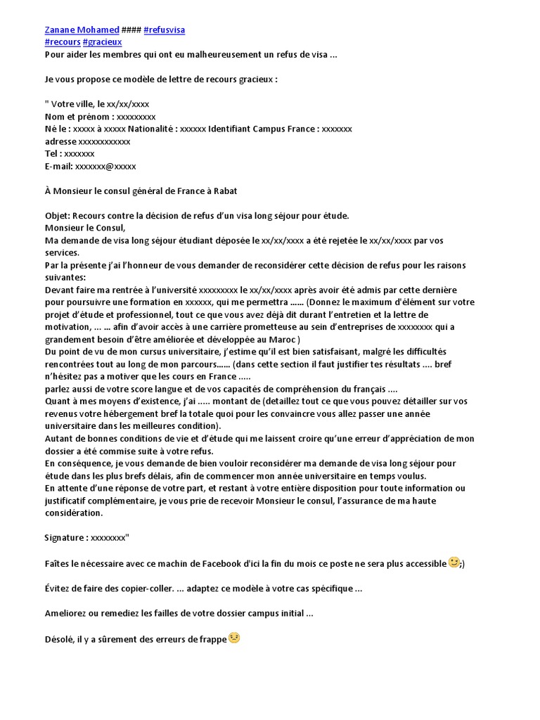 Lettre De Recours Gracieux Pour Refus De Visa Pdf Recours Sur Refus Du Visa Etude France | PDF | Business