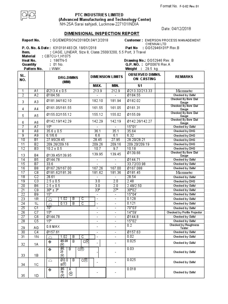 Dimensional Inspection Report for Emerson Process Management | PDF | Sports