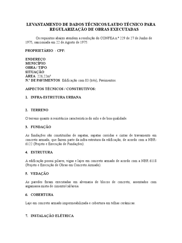 Levantamento De Dados Técnicos/Laudo Técnico Para Regularização De Obras Executadas