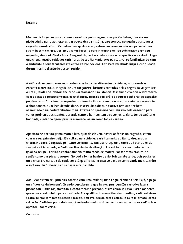 O Menino de Engenho - Resumo | PDF