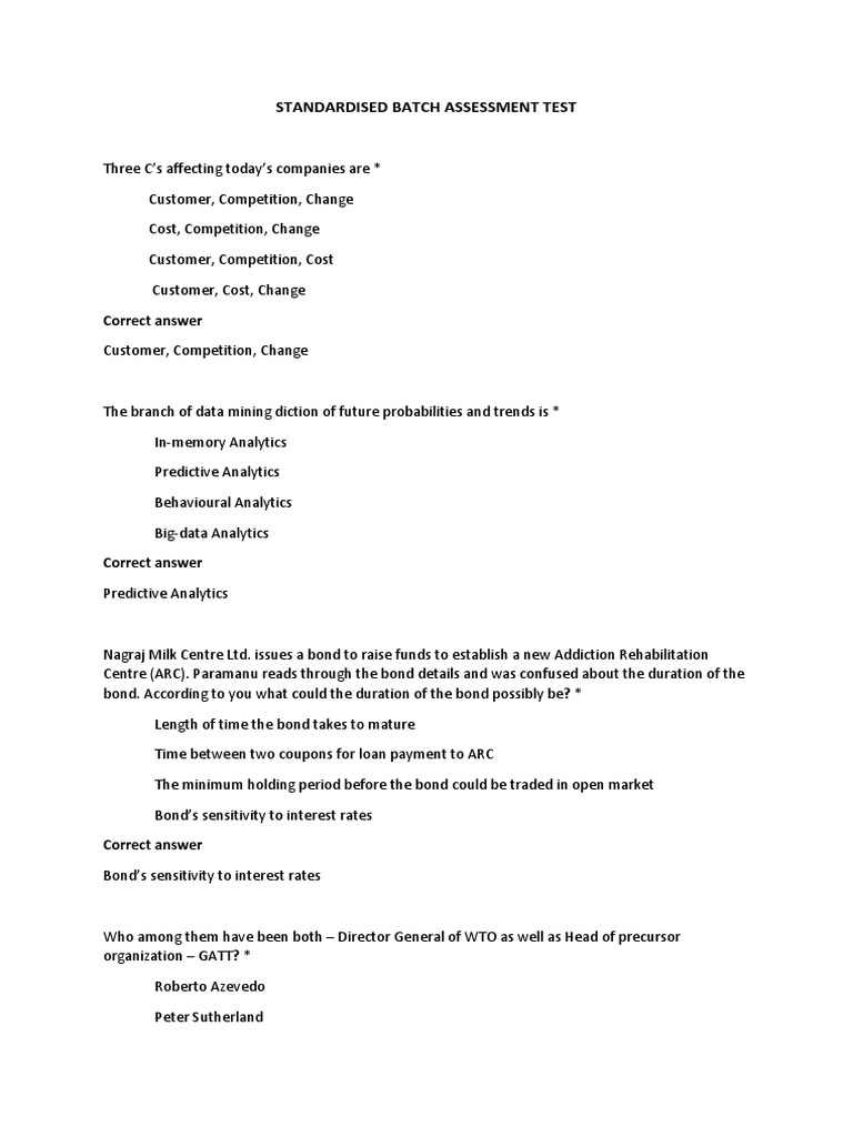 Standardised Batch Assessment Test: Correct Answer | PDF | Bonds ...