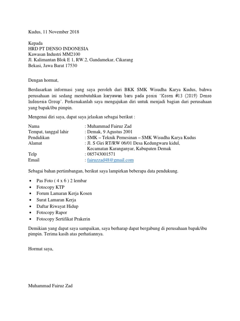 Surat Lamaran Fairuz Pt Denso Indonesia Group