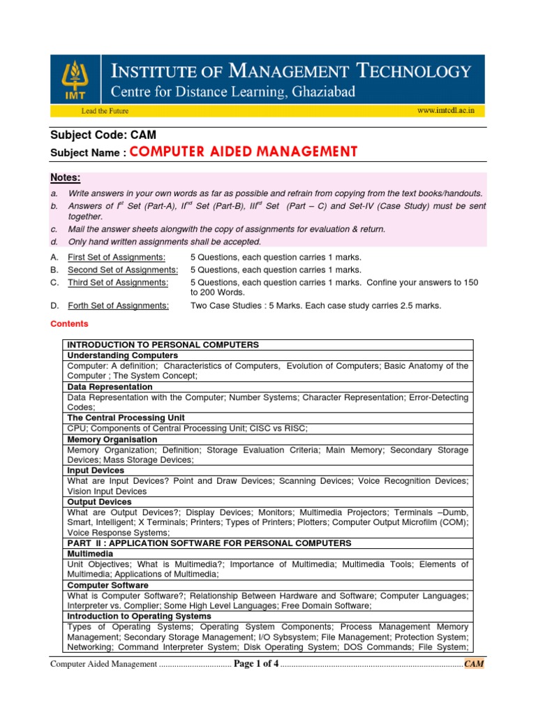 Computer Aided Management: Subject Code: CAM | PDF | Business | Computers