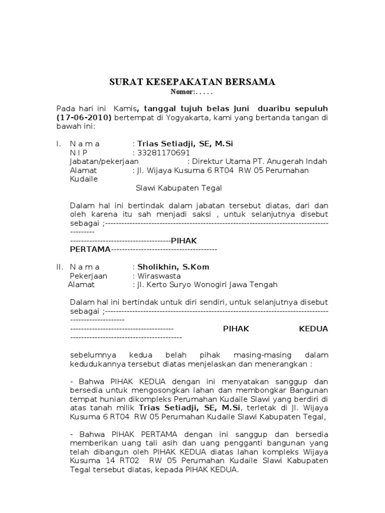 Surat Pernyataan Kepemilikan Bersama  Contoh Surat Pernyataan