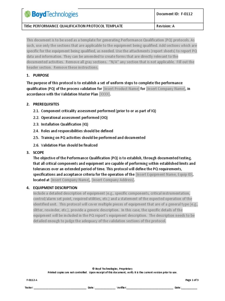 F Performance Qualification Protocol PDF Verification And
