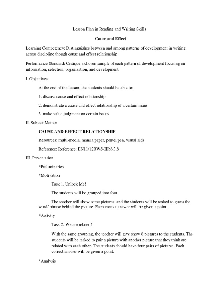 Cause and Effect Lesson Plan for Reading and Writing | PDF | Causality ...