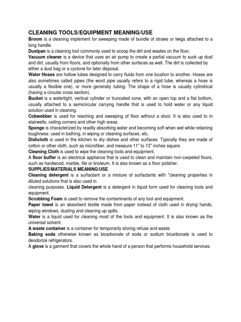 Cleaning Tools/Equipment Meaning/Use PDF Vacuum Cleaner Nature