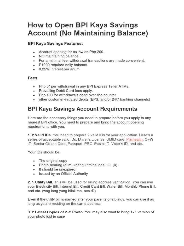 Bpi savings account requirement