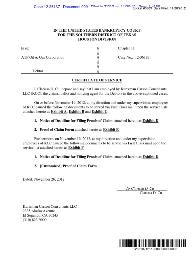 Docket #0909 Date Filed: 11/26/2012 | PDF | Chapter 11 | Service Companies