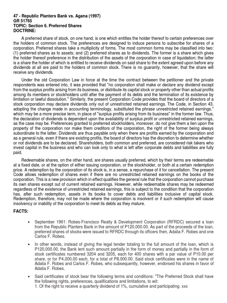 Republic Planters Bank vs. Agana (1997) PDF Retained Earnings