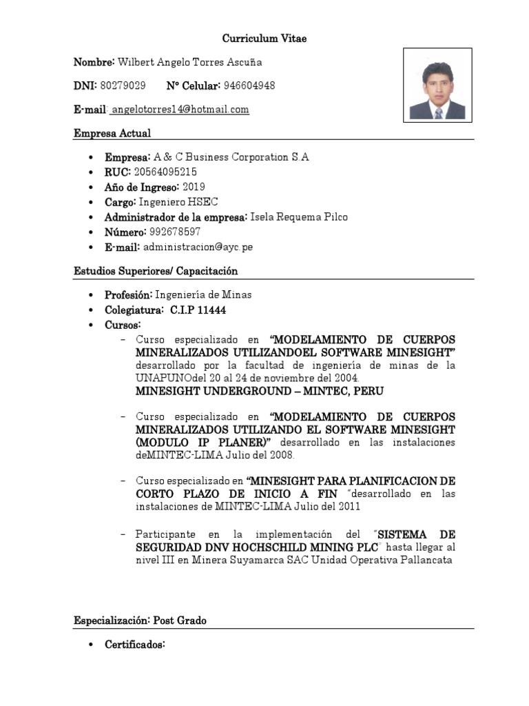 Curriculum Vitae - Ingenieros HSEC - Antapaccay - Wilberth Torres | PDF
