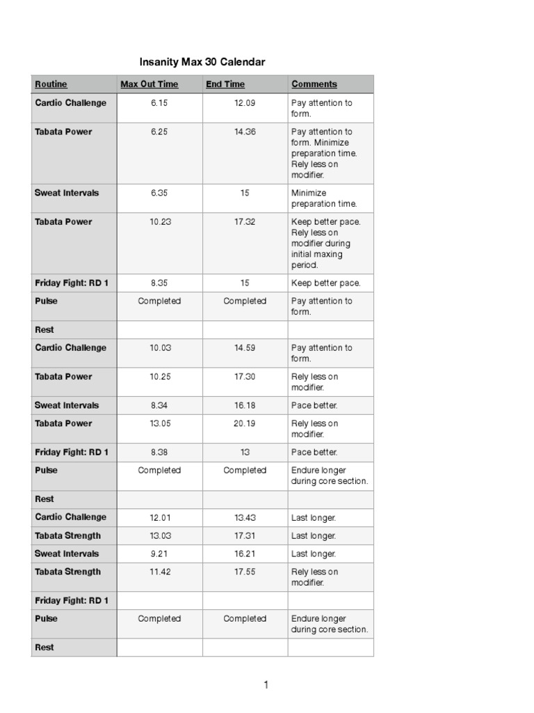 Insanity Max 30 Workout Calendar and Notes Tracking Progress and Areas