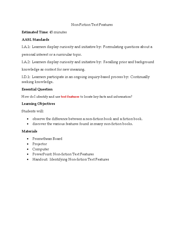 Nonfiction Text Features Lesson Plan Revised Pdf Non Fiction Books