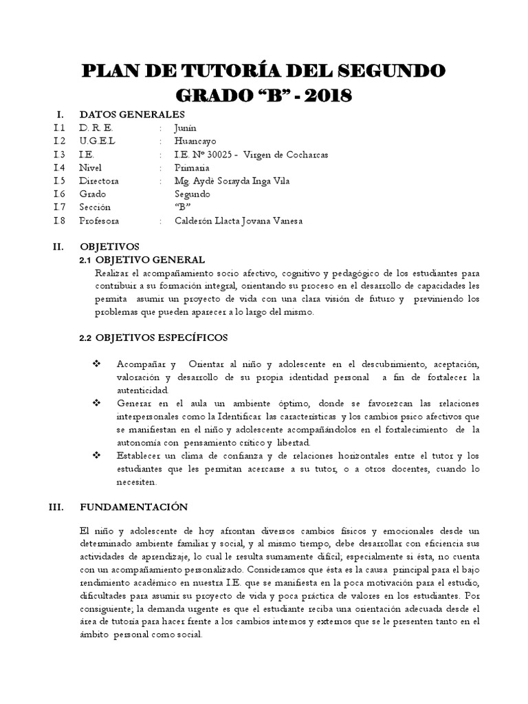 Plan de Tutoría Segundo Grado "B" 2018 | PDF | Maestros | Adolescencia