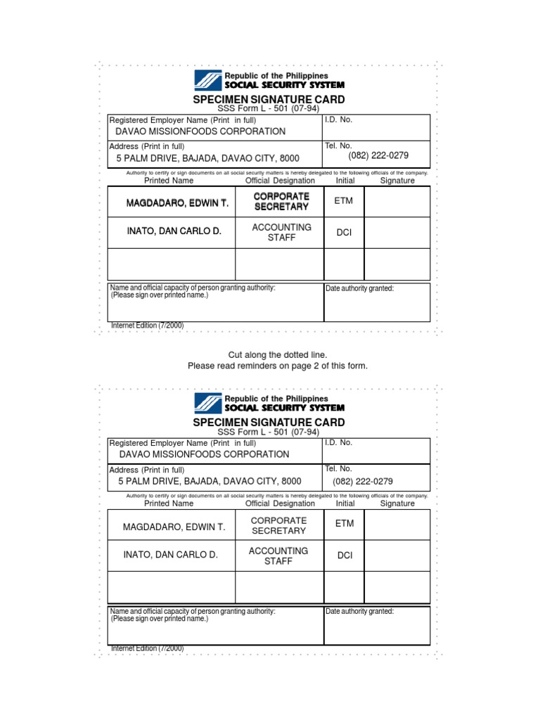 SSSForm Specimen Signature Card